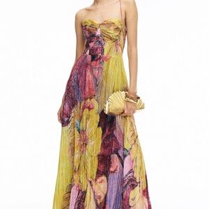 Saaksha & Kinni Kiara Dress Yellow Pink Pleated Cut Out Maxi XS S
